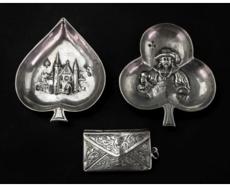 A silver 'envelope' stamp case, Chester 1914, leafy scroll engraved, with two divisions, ring suspension, 4.5cm wide, monogra