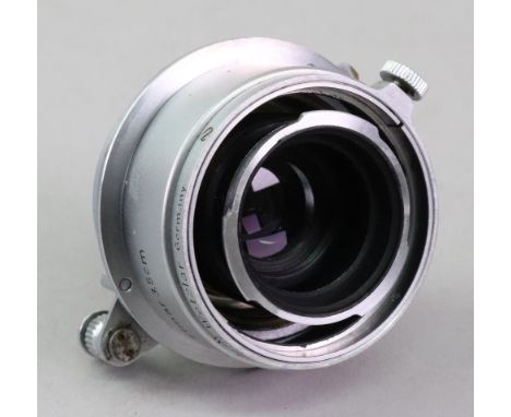 Leitz Elmar f=5cm, 1:3.5 lens, with a Ernst Leitz GmbH Wetzlar Summaron - Elmar 3.5cm lens hood.