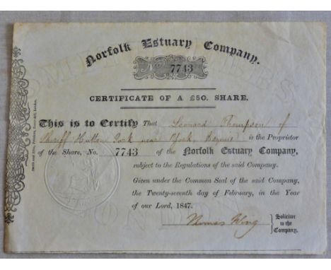 Banknotes/Shares = Norfolk Estuary Company -1847 £50  Share Certificate, Grade GVF.