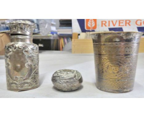 Silver Plate - Silver plated tumbler, pill box and 9cm high flask (with top)