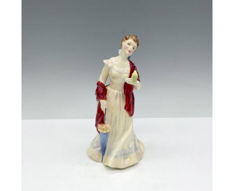 Figure is dressed in light pastel dress with red wrap draped over her shoulder and arms. Parasol and bird in each hand. Royal