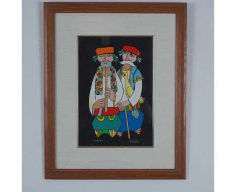 A whimsical limited edition serigraph by Jovan Obican, depicting two folk musicians in vibrant, folkloric attire. One musicia