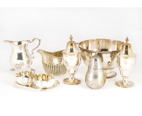 A 1980s silver Georgian style milk jug by EB, 3.4 ozt, together with a small group of silver plated items such as a Sheffield