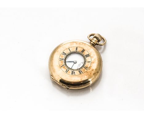 A 1920s 9ct gold half hunter pocket watch, 49mm with blue enamel roman numerals, marked Stayte 15j movement, appears to run, 