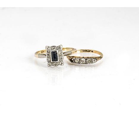 Two 18ct gold gem set rings, comprising a sapphire and diamond tablet example, ring size R and a five stone diamond ring, rin