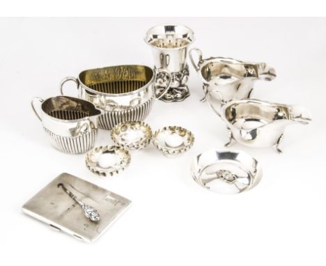 A collection of Victorian and later silver and white metal items, including a sugar basin and milk jug from Charles Stuart Ha