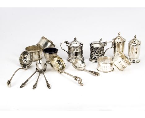 A collection of 19th and 20th century silver spoons and cruet items, including a nice James Dixon sifter spoon with lily term