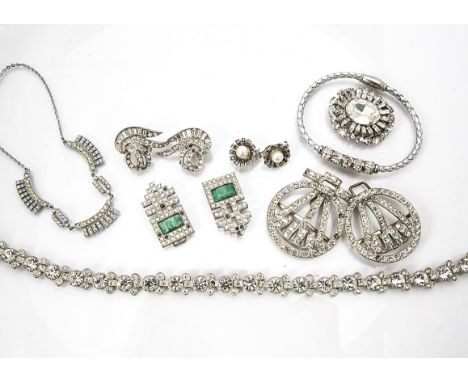 A quantity of paste set jewels, including a choker, a simulated green jade paste set buckle, various Deco earrings and other 