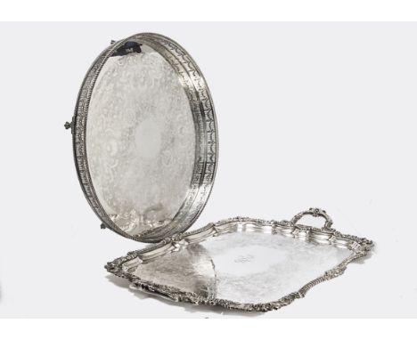 Two large Sheffield plate trays and a punch bowl, one twin handled rectangular, the oval circular, with a large punch bowl&nb
