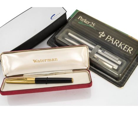 A vintage Waterman fountain pen, with black barrel, 14ct nib and gold plated cap, in box, together with a Parker 25 set in bo