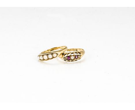 Two 18ct gold Edwardian rings,  including a ruby and diamond example, 2.6g, ring size Q and a seed pearl example, 4g, ring si