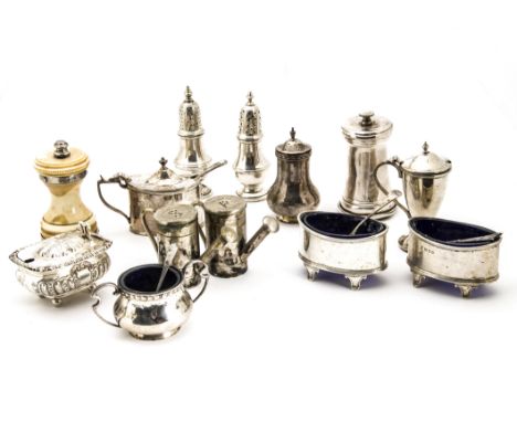 A collection of Victorian and later silver and plated seasoning and condiments items, including a late 19th century ivory and