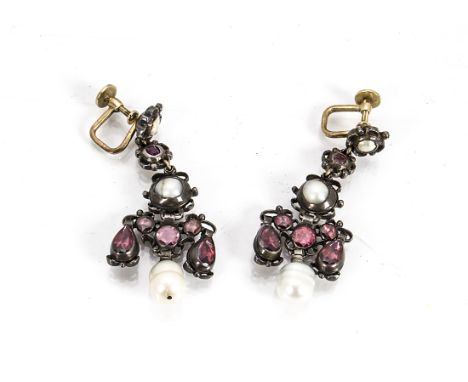 A pair of 17th Century and later garnet, pearl and freshwater pearl chandelier earrings, the foil back garnets in silver rubb