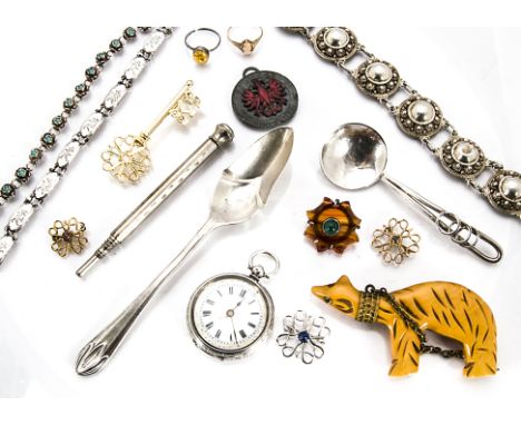 A quantity of gold, silver and costume jewellery, including an Avon 9ct gold seed pearl and enamel pin brooch, two other 9ct 