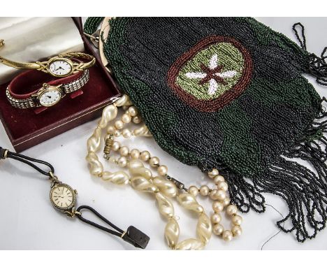 An art deco beadwork and ivorine evening bag, a gilt metal Art Deco necklace, various lady's watches, cufflinks and other ite