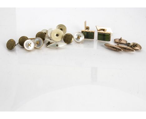 A collection of gentleman's cufflinks and dress studs, including a pair of nephrite 9ct gold cufflinks, a set of three 15ct g