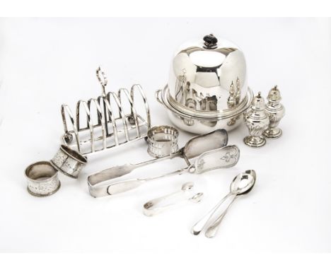 A small group of Victorian and later silver and plate, including a pair of silver napkin rings, pair of silver peppers, AF, a