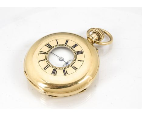 An Edwardian period 18ct gold half hunter pocket watch from Army &amp; Navy, 46mm case, with blue enamel Roman numerals to fr