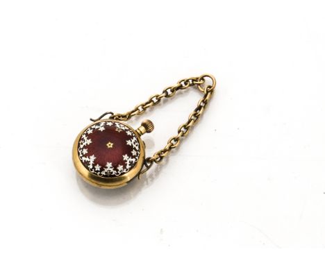 A late 19th century enamelled lady's fob watch, 25mm, with pretty dial, stamped 18 to stem, reverse with red and silver guill