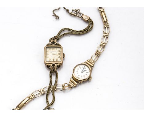 Two vintage 9ct gold cased lady's wristwatches, both on rolled gold bracelets (2) 