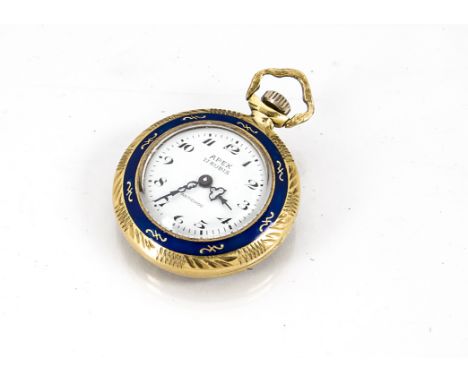 A small early 20th century Apex gold and enamelled lady's fob watch, 28mm, white dial, blue enamel to bezel, enamelled to rev