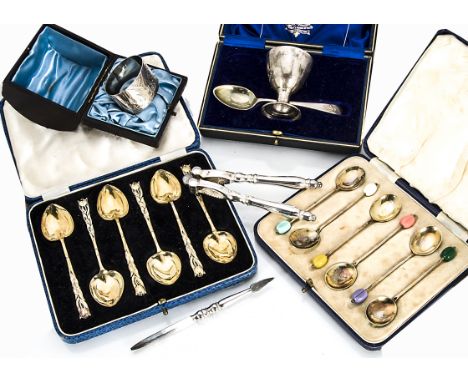 An Art Deco period cased set of silver  gilt and enamel coffee spoons from T&amp;S, together with a set of six Art Nouveau st