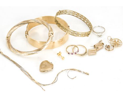 A three colour gold 14K marked bangle, a pair of similar earrings, various other 9ct and gilt metal jewellery, total gold wei