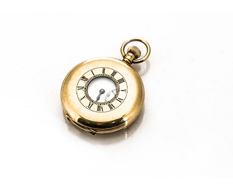 A George V 9ct gold half hunter pocket watch, 50mm case with top winder, unmarked white enamel dial, appears to run, hallmark