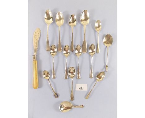 A group of five silver coffee spoons and nine other silver spoons 190 g and a butter knife - some Georgian 