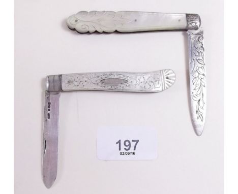 Two Victorian silver and mother of pearl folding fruit knives 