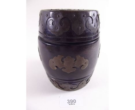 An early 20th century Chinese hardwood and brass mounted circular tea caddy 13cm tall