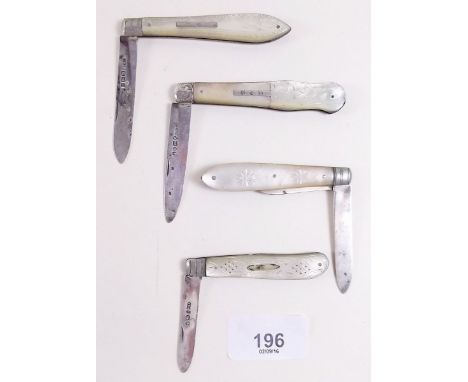 Four silver and mother of pearl folding fruit knives 