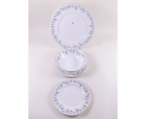 A Royal Albert part dinner service "Memory Lane" printed forget me nots, comprising: six dinner plates, six side plates, six 