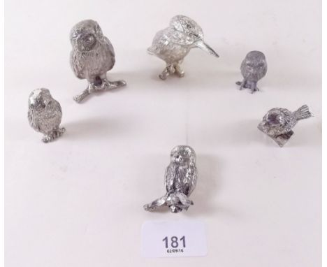 Six silver plated miniature model birds