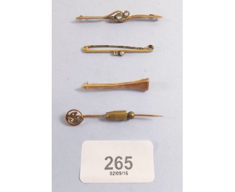 Two 9 carat gold Edwardian bar brooches, another a/f and a 9 carat gold stick pin 