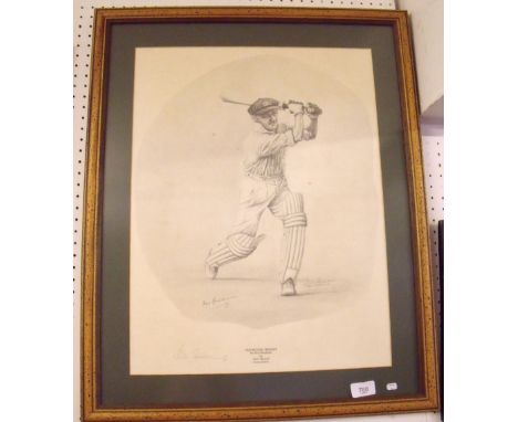 A Jack Russell print 'Cricketing Heroes' Sir Don Bradman signed in pencil by Bradman and Russell - 52 x 39cm