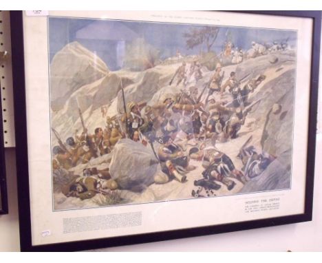 A military print 'Holding The Empire'  the storming of the Dargai Heights by the first Gordon Highlanders - 35 x 51cm