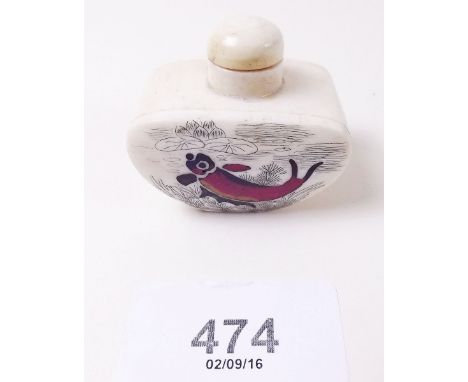 A Chinese bone snuff bottle decorated fish and scorpion 