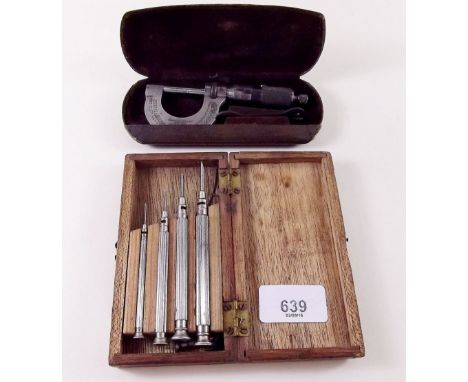A Moore and  Wright micrometer cased and a set of jewellery tools 