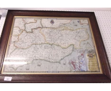 An 18th century Saxton hand coloured map print of Kent - 40 x 54cm