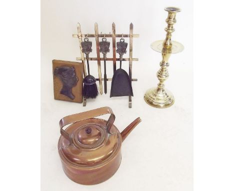 A box of metal ware including copper kettle, fireside set and candlestick 