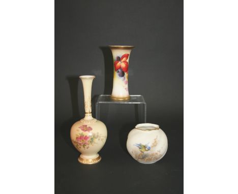 ROYAL WORCESTER VASE - KITTY BLAKE a slender vase painted with fruit and leaves and gilded decoration. Also with a small glob