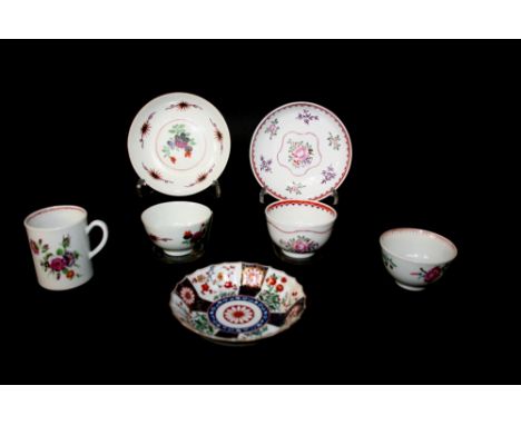 18THC ENGLISH PORCELAIN including a Worcester First Period tea bowl and saucer, a tea bowl with similar decoration, tea bowl 