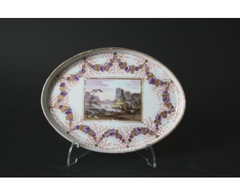 A PINXTON TEAPOT STAND painted with a central river landscape within purple and gilt swags, 6 1/3ins. (17cms.) wide