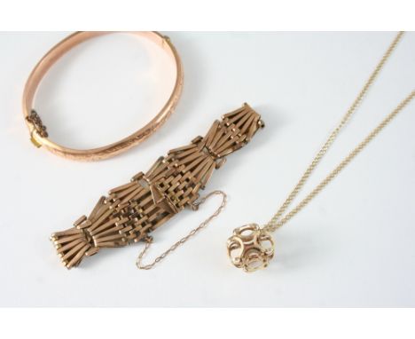 A 9CT. GOLD FANCY GATE LINK BRACELET with concealed clasp, 16 grams, together with a 9ct. gold half hinged bangle, 7 grams, a