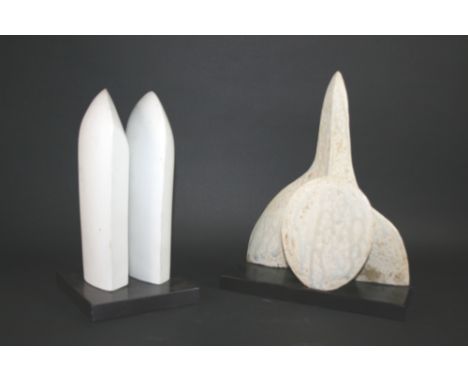 RICHARD FREEMAN - MODERN SCULPTURE two ceramic sculptures titled Sheild and Rock Forms, both mounted on plinths. Also with a 