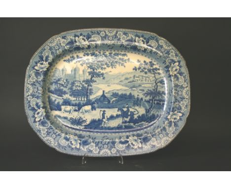 19THC PEARLWARE MEAT PLATE with a transfer printed landscape scene, also with a meat drainer,a two handled dish, two small me
