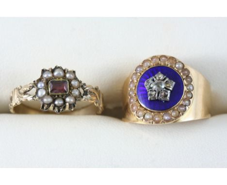 A VICTORIAN ENAMEL, DIAMOND AND PEARL MOURNING RING the central blue guilloche enamel section with rose-cut diamond decoratio