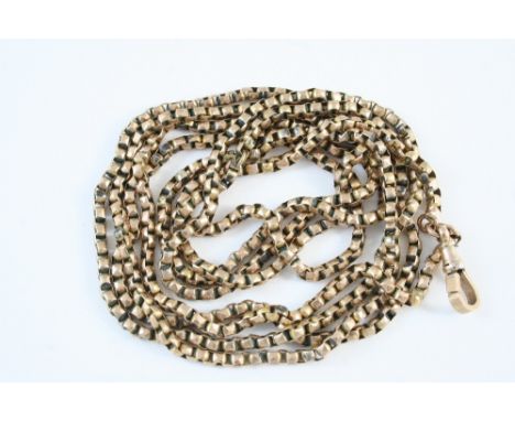 A 9CT. GOLD LONG GUARD CHAIN 156cm. long, 37 grams, together with two watch keys etc.