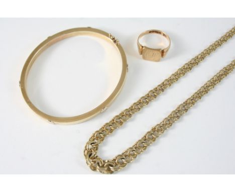 A 9CT. GOLD DOUBLE LINK NECKLACE 44.5cm. long, 16 grams, together with a 9ct. gold signet ring, 4 grams, and a 9ct. gold half